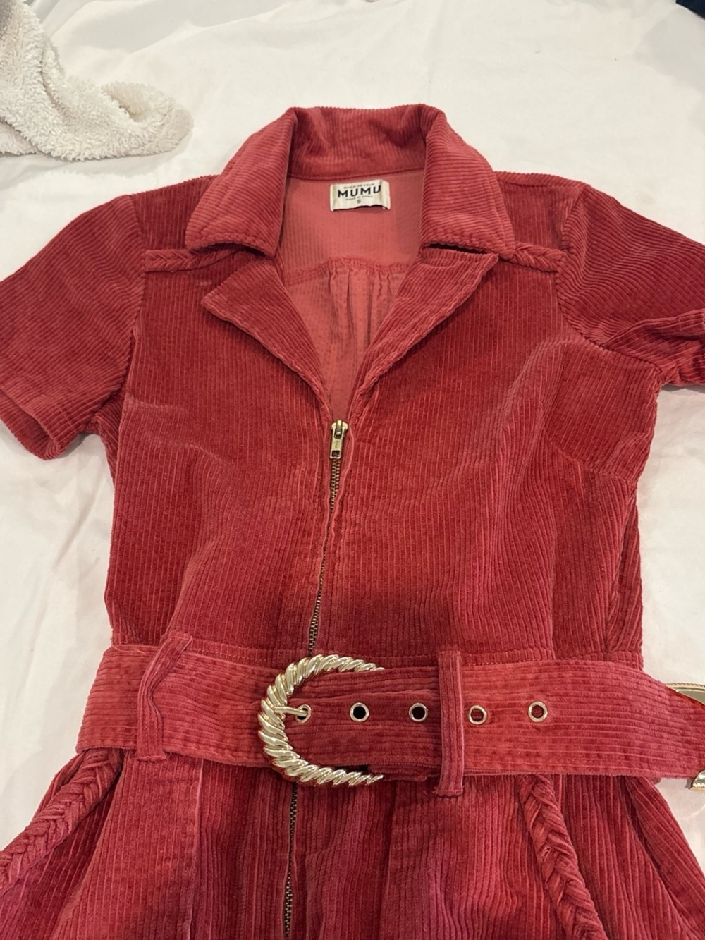 Show Me Your MuMu Red Corduroy Zip Front Dress with Braided Belt